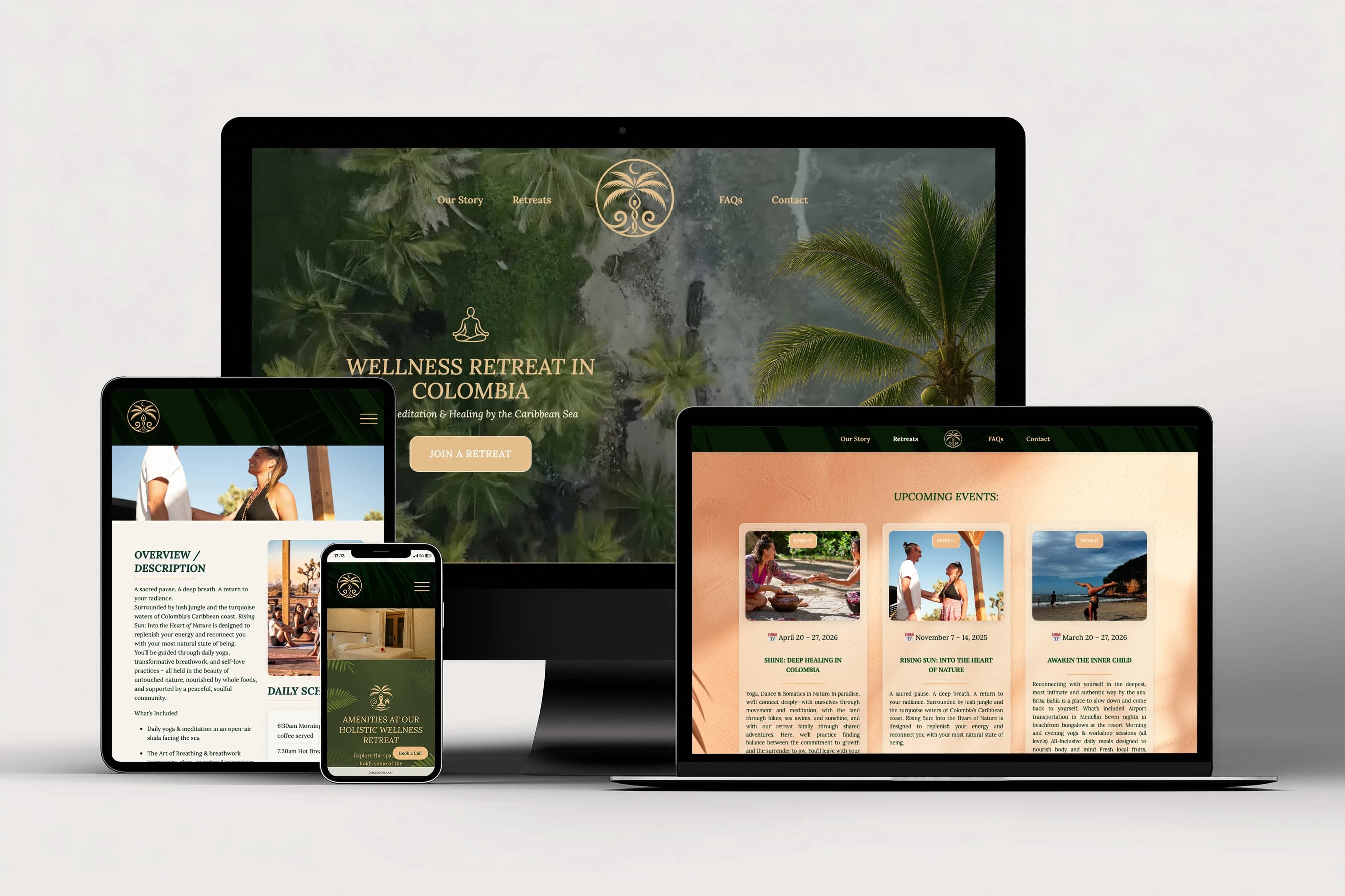 Brisa Bahía retreat center branding mockup across multiple devices